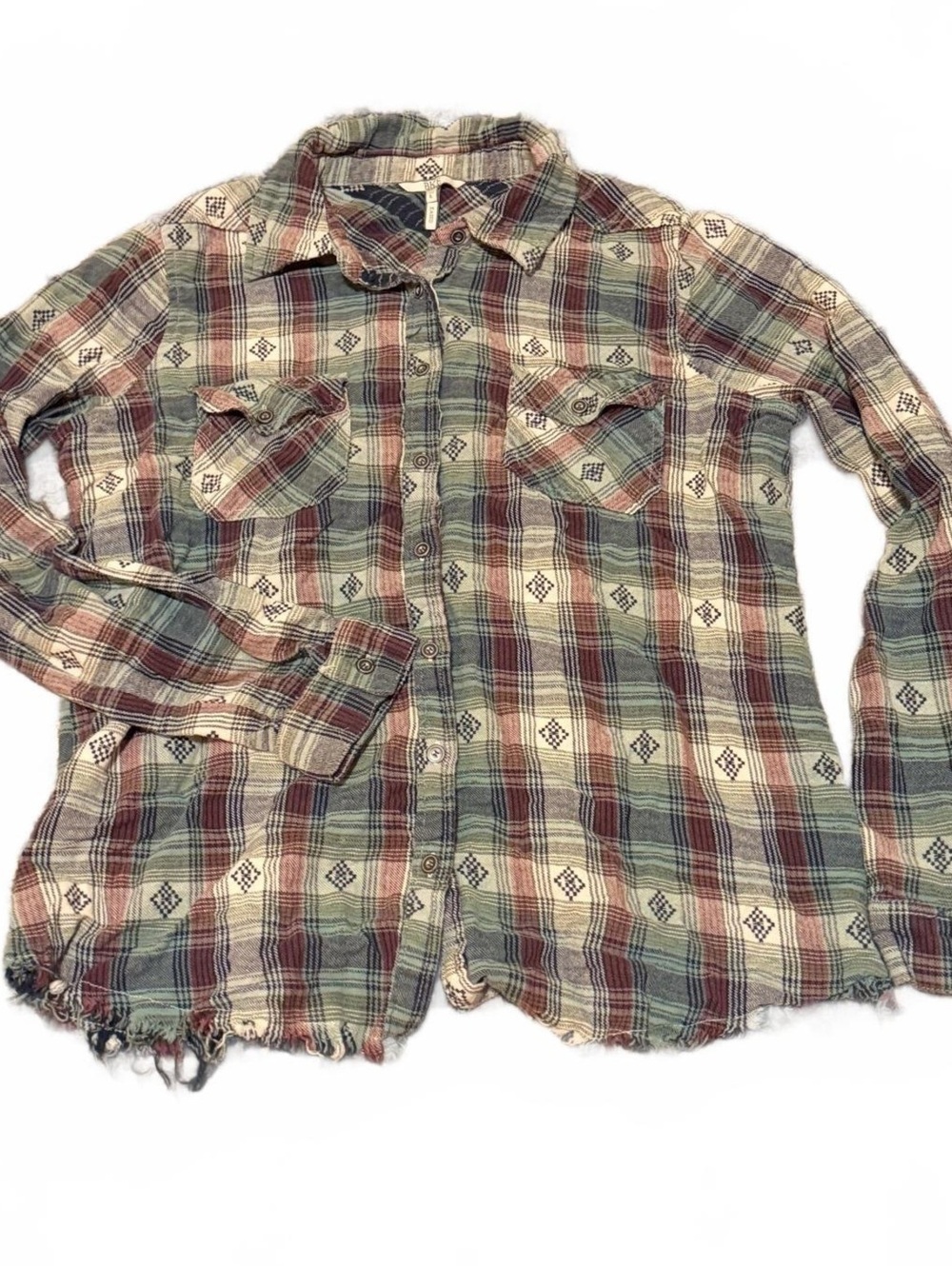 BKE Size Large Green Burgundy Plaid Button Up Shirt Raw Hem Western Grunge